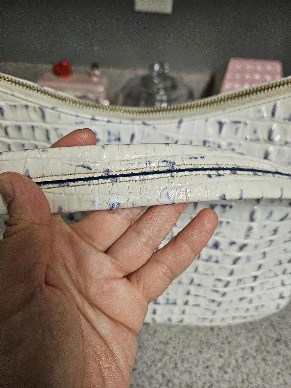 Brahmin White Croc-Embossed Shoulder Bag with Navy Accents - Picture 9 of 16